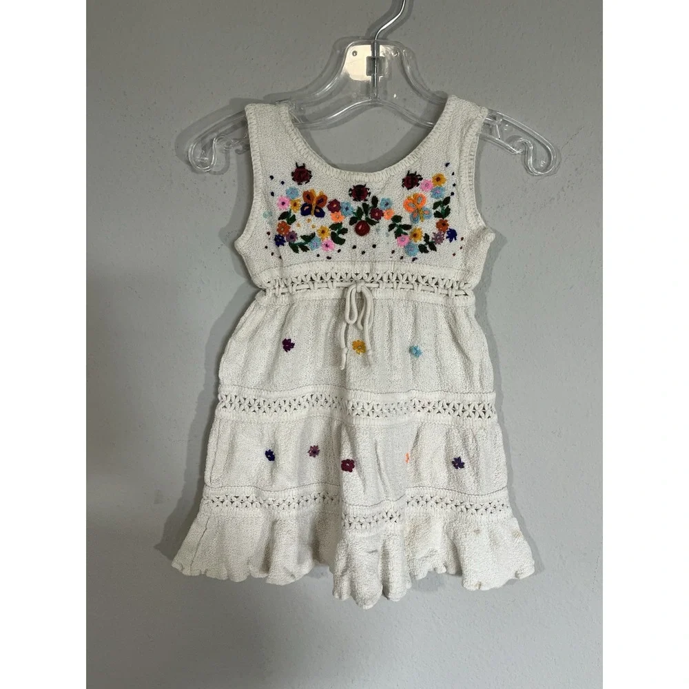 Peruvian Embroidered Dress Baby 12M White Floral Sleeveless Folk Cottagecore